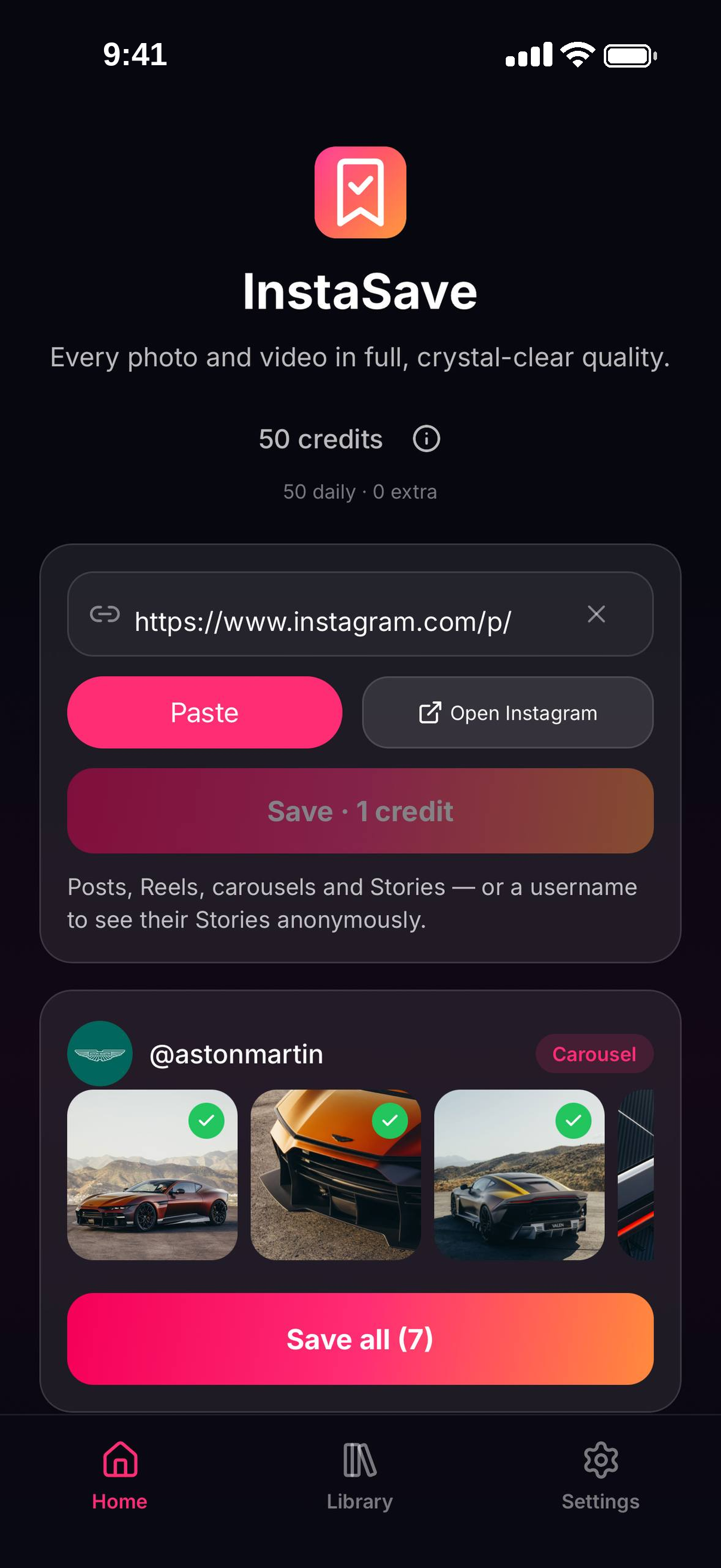 InstaSave showing an Instagram carousel with seven slides selected and a Save all button
